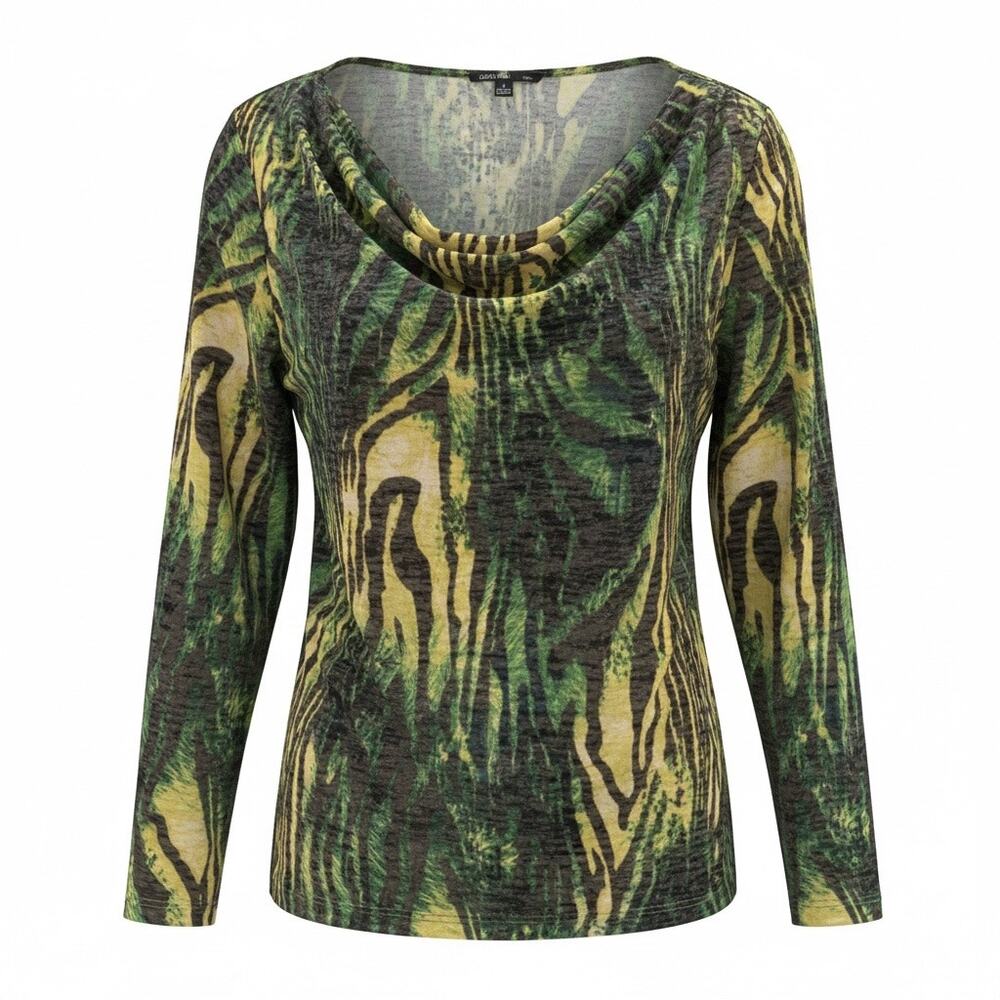 Cowl Neck Abstract Animal Print Top Green Black Long Sleeve Stretch Blouse XXL